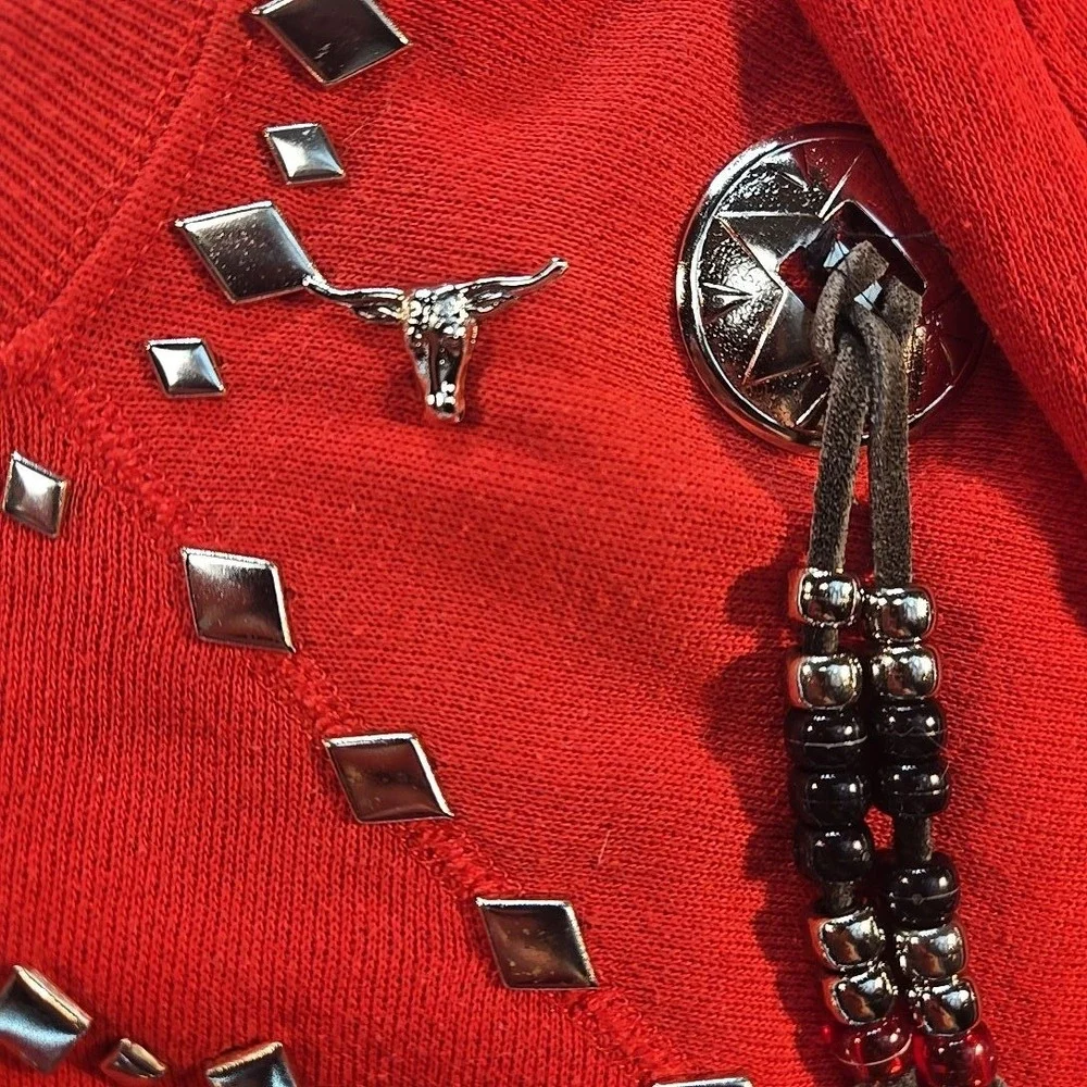 VTG Western Crewneck Red‎ Beaded Sweatshirt Longhorn Concho Studded USA 80s Sz M